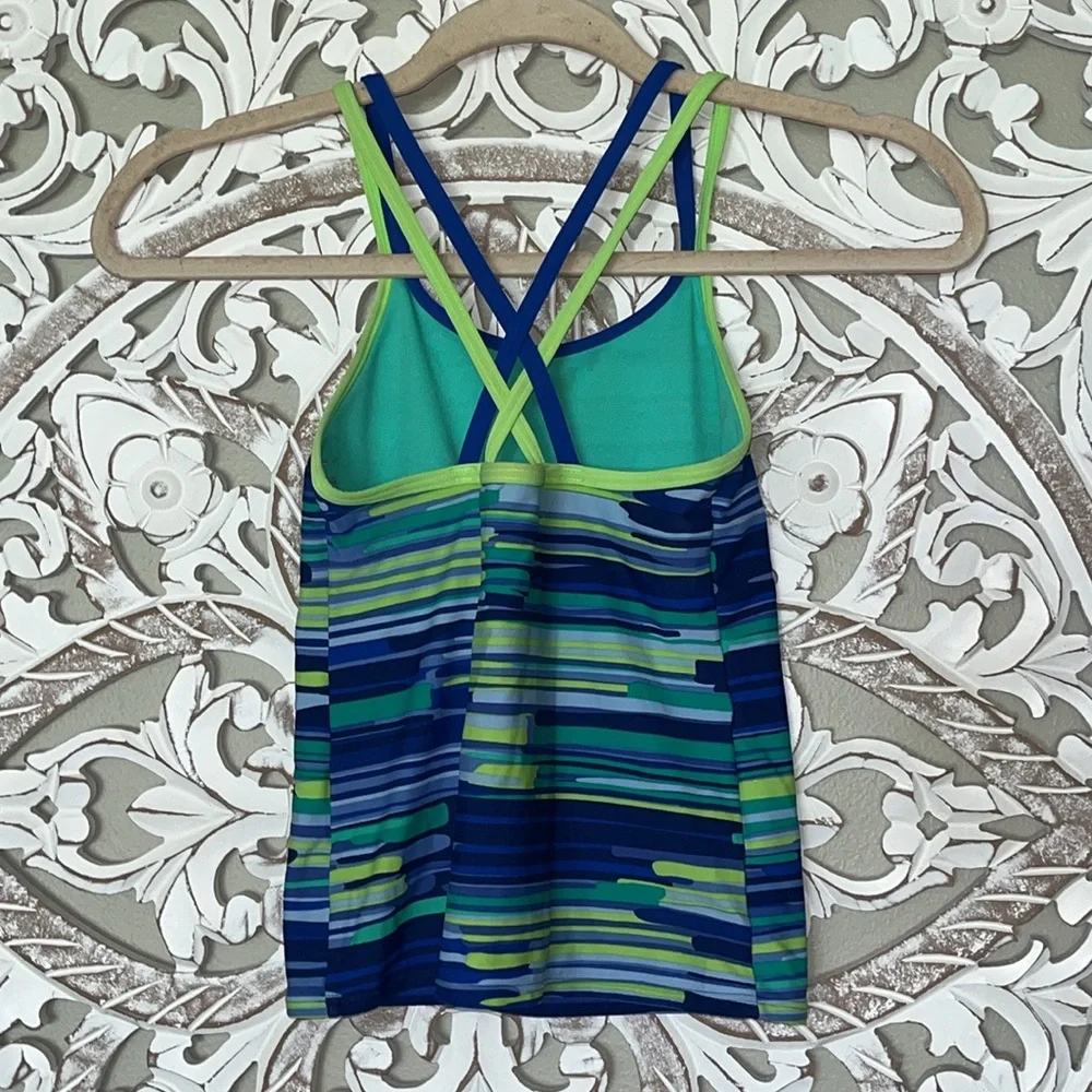 Nike Blue Green & White Striped Racerback Cross Strap Tankini Swim Top szYouth M